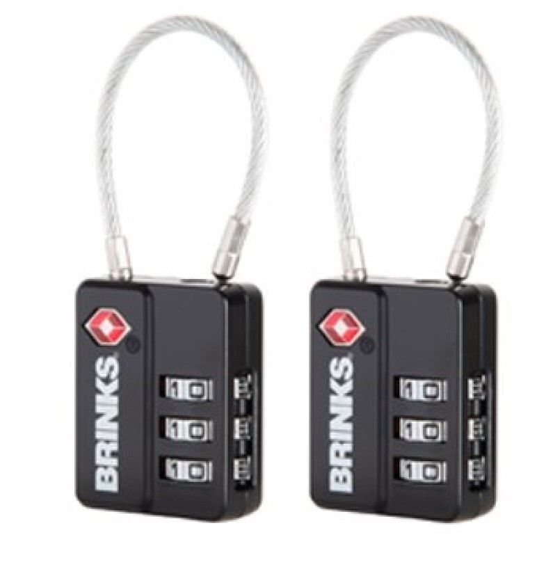 Brinks, 1/4in 3-Dial TSA Luggage Padlock with Steel Cable Shackle, 2-Pack BLACK