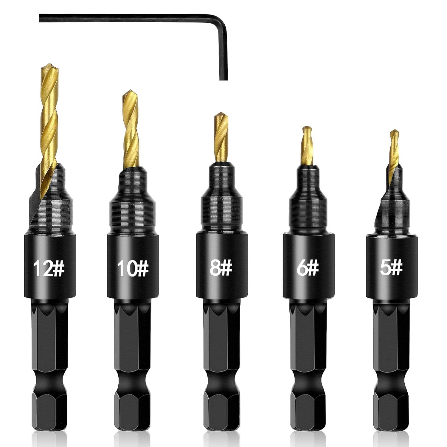 5Pcs Countersink Drill Bit Set 1/4'' Hex Shank HSS Woodworking Pilot Screw Holes