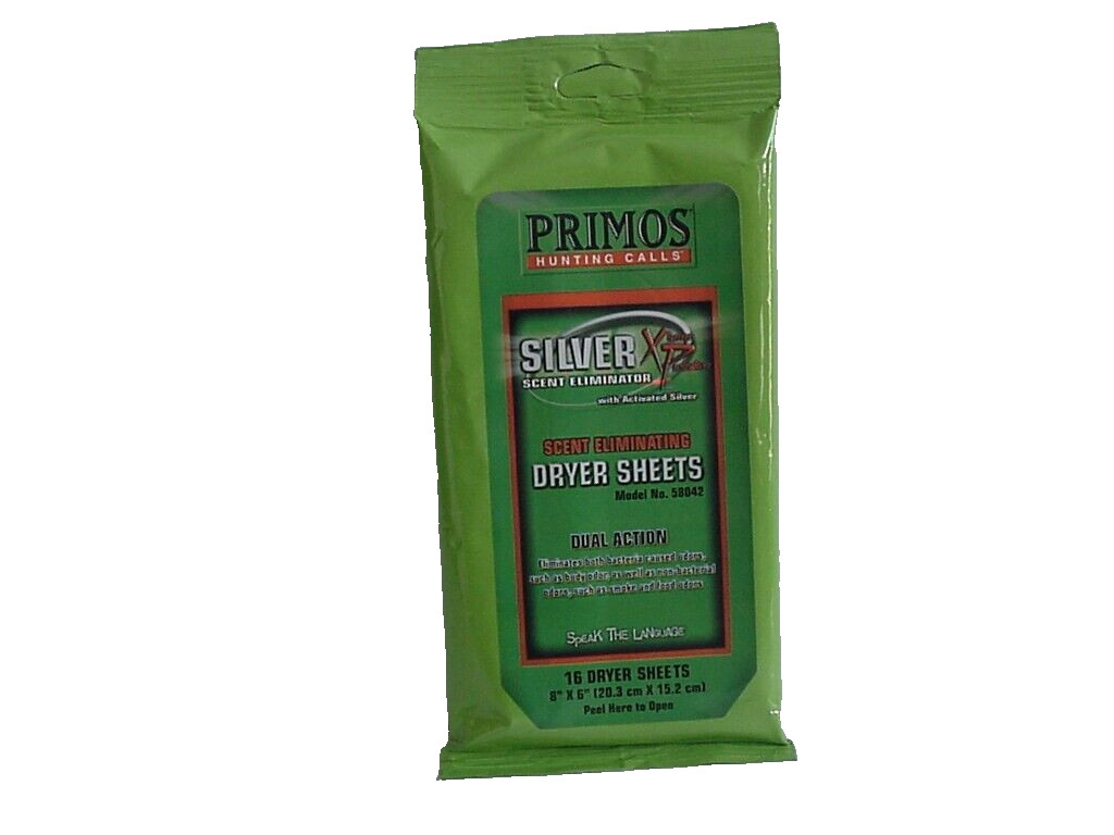Scent Eliminating Dryer Sheets 16 Count Pack 8"X6" Primos Silver XP Odors Static
