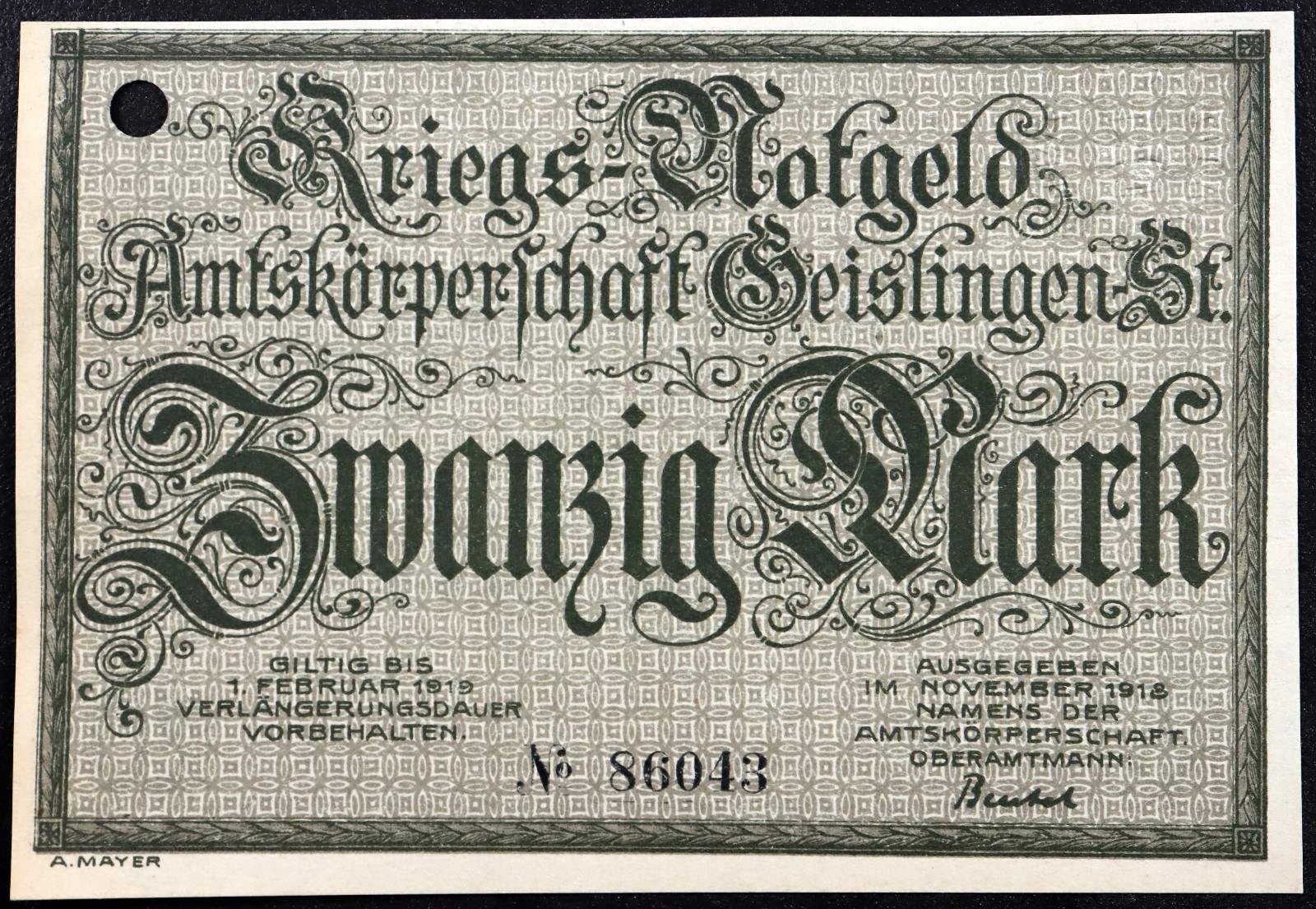 GEISLINGEN 1918 20 Mark Grossnotgeld WWI German Notgeld Banknote