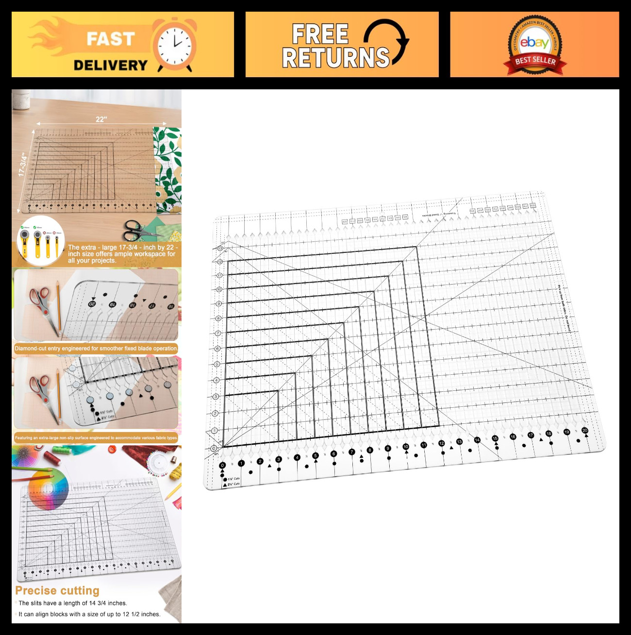 5-in-1 Quilting Ruler Template - XL Non-Slip Acrylic Cutting Tool 17.75"x22