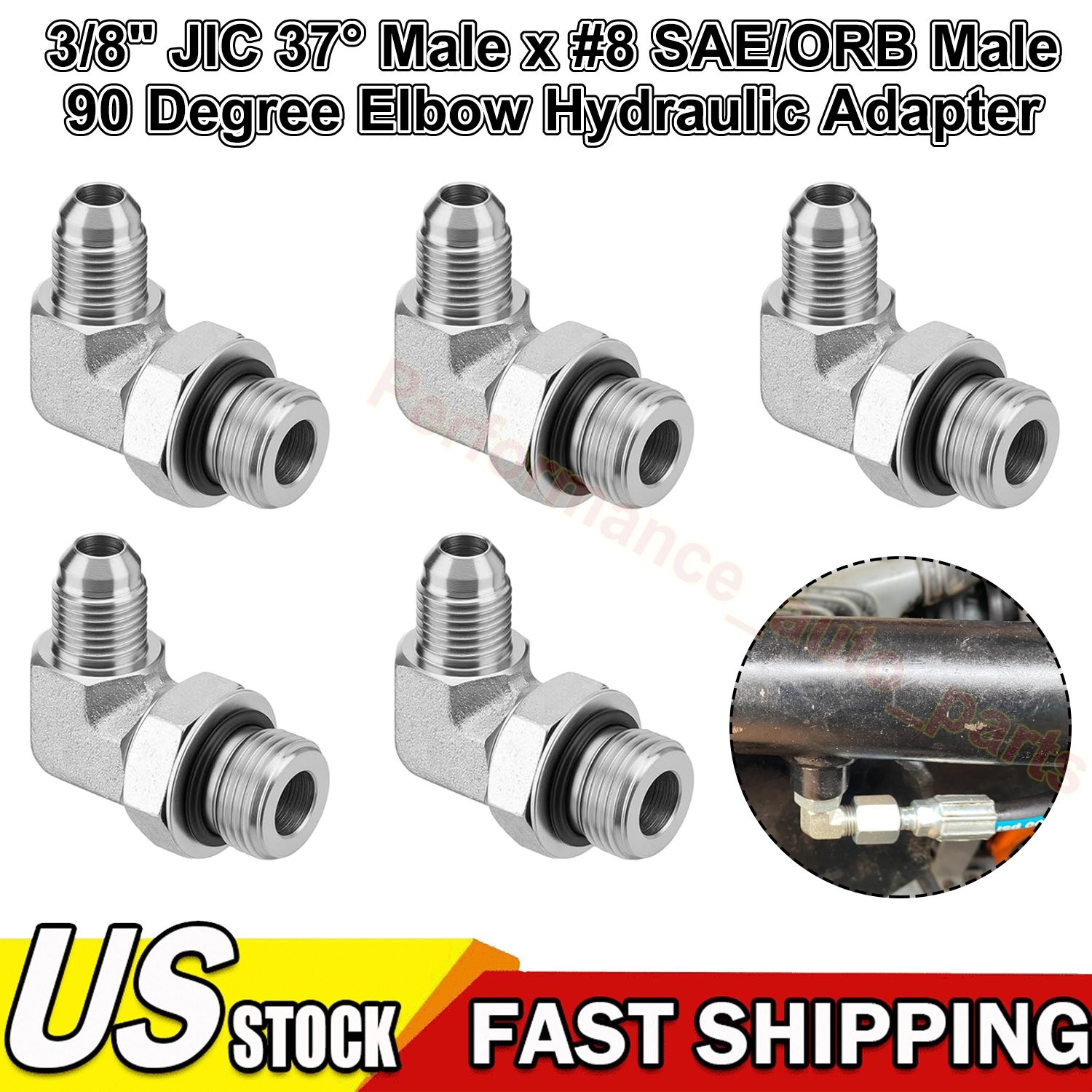 5Pack 90 Degree Elbow Hydraulic Fittings: 3/8" JIC 37° Male x #8 SAE/ORB Male