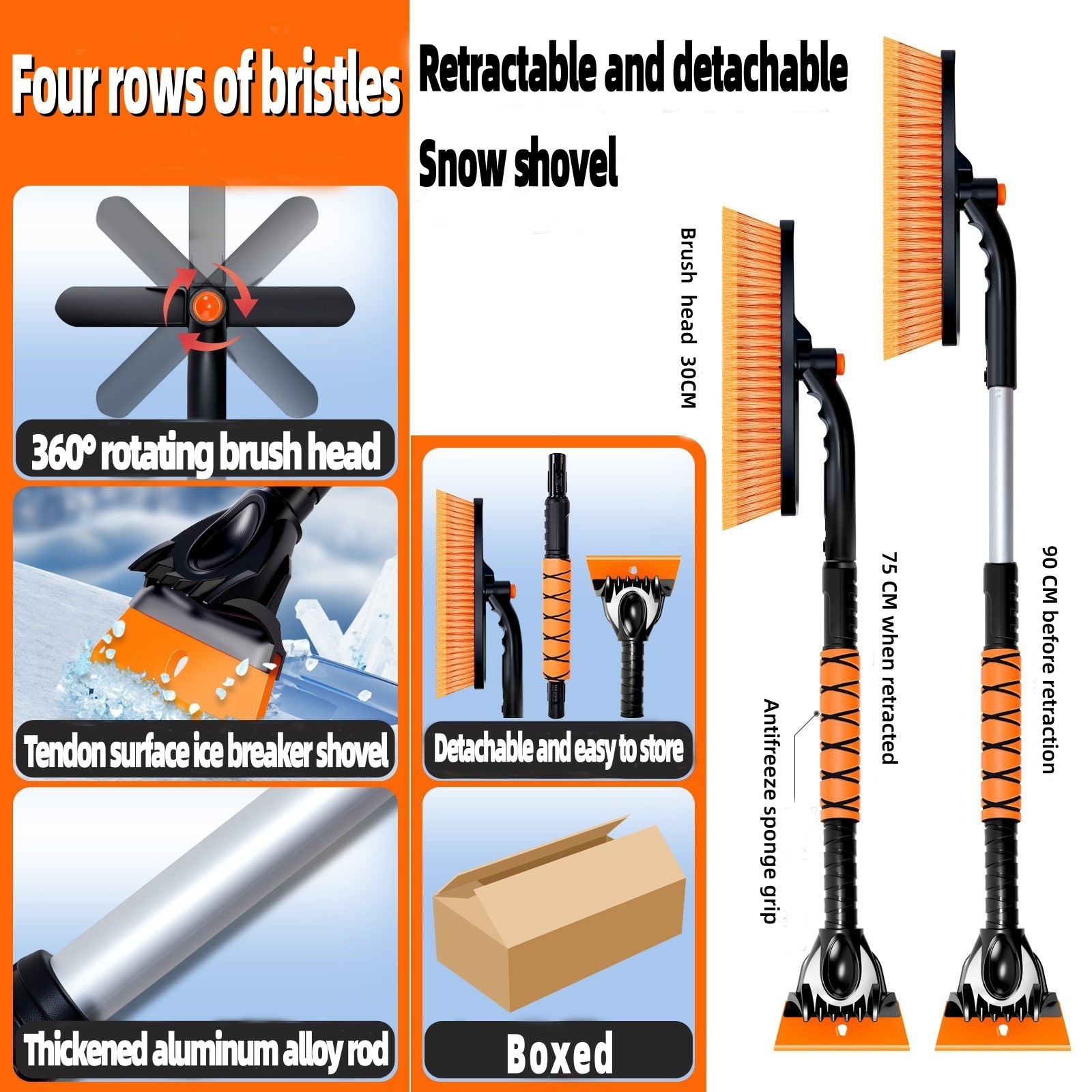 360°Rotating Extendable Snow Brush and Ice Scraper, Telescoping Ice Scraper 35.4