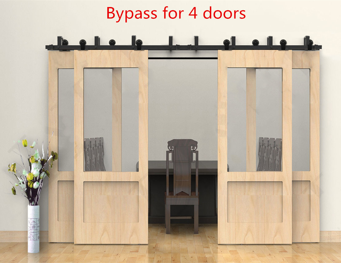 8FT-20FT Black Bypass Sliding Barn Wood Door Hardware Closet Track Kit  4 Doors