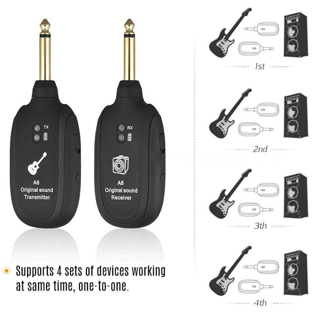 UHF Guitar Wireless System Transmitter+Receiver Built In Rechargeable Battery