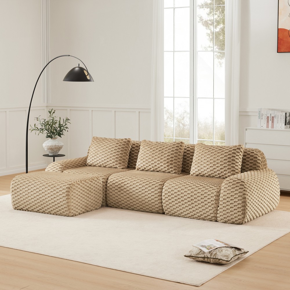 114" L-Shaped Modular Sectional Sofa w/ Ottoman, Flannelette, Light Camel