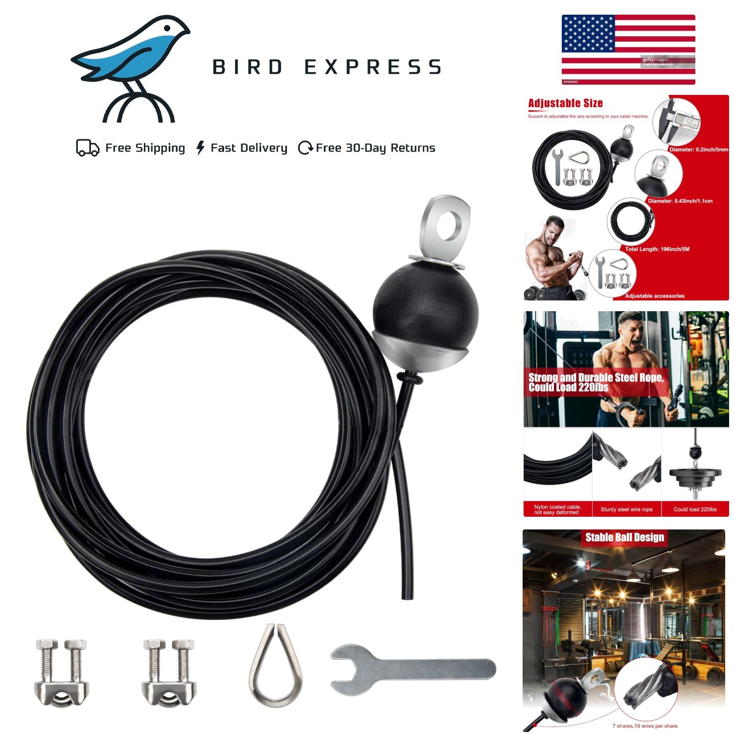 Fitness Pulley Cable 196 Inch Heavy Duty Adjustable Home Gym Rope Accessories