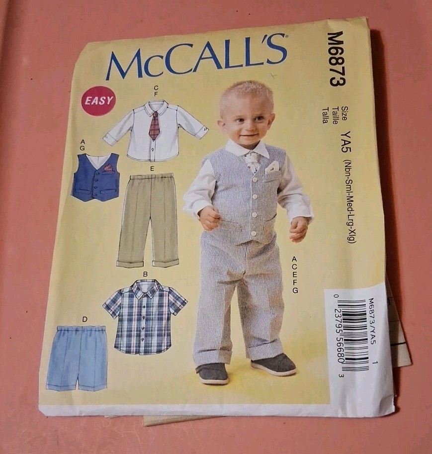 McCall's M6873 Easy Sewing Pattern Infant Suit Pants Shirt Shorts Vest Tie Uncut