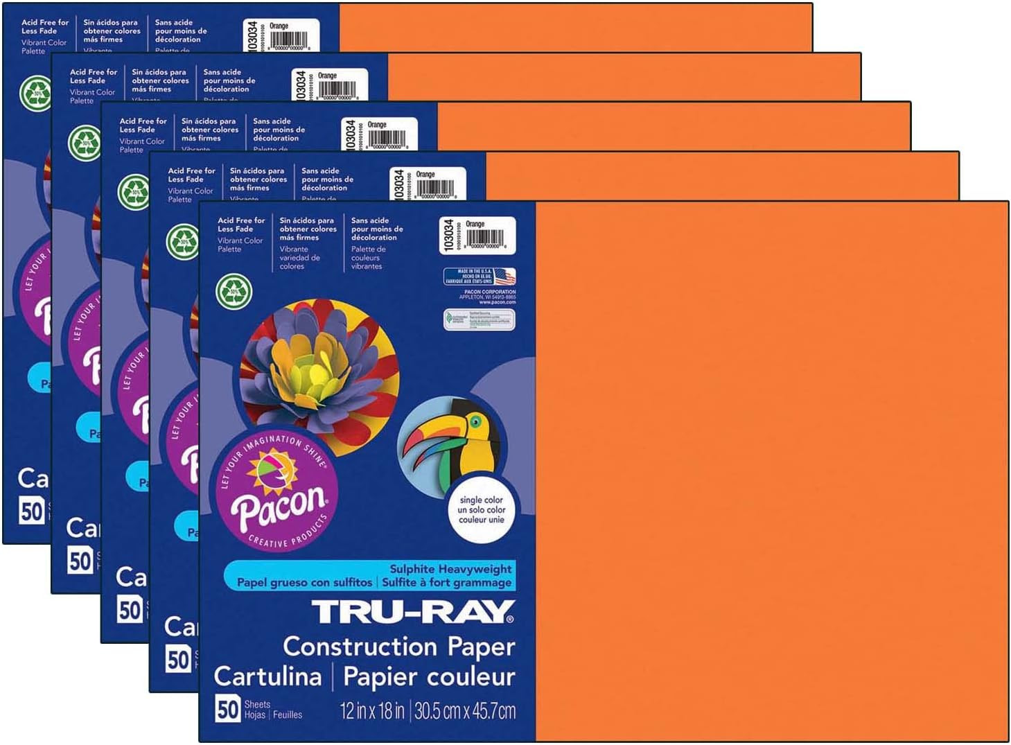 Tru-Ray Construction Paper, Orange, 12" X 18", 50 Sheets per Pack, 5 Packs