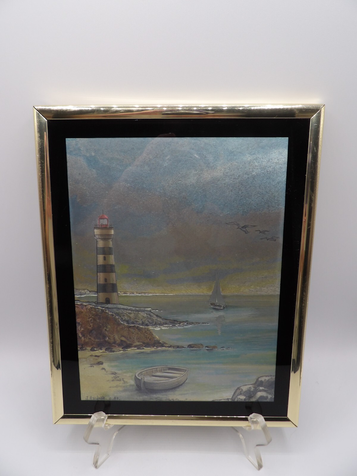 Vintage J. Hardelin Lighthouse Nautical Wall Decor Gold Foil Etched Framed