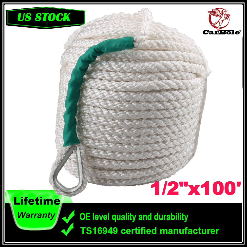 With Thimble 1/2"x100' Twisted Three Strand Nylon Anchor Rope Boat Line Dockline