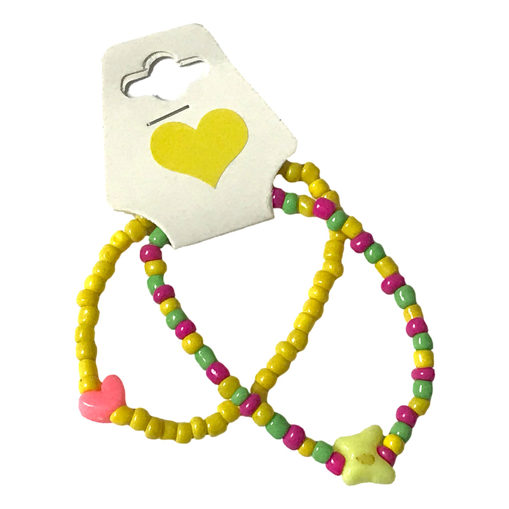 Handmade Yellow Pink Green Beaded Bracelet Set, Heart & Star Charm, Boho Jewelry