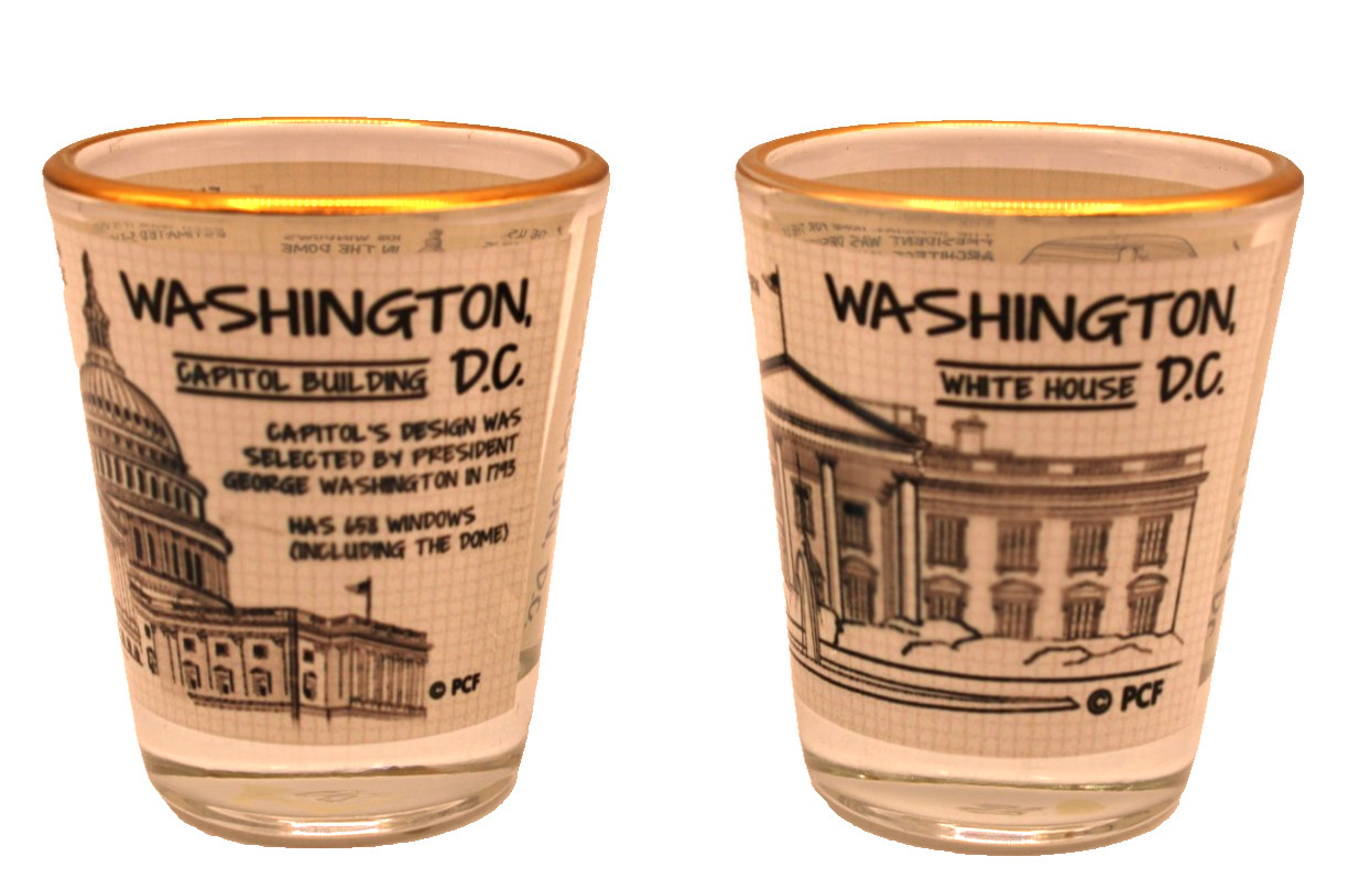 Set 2 Shot Glasses Washington D.C. White House Capitol Bldg Gold Rim Collect NEW