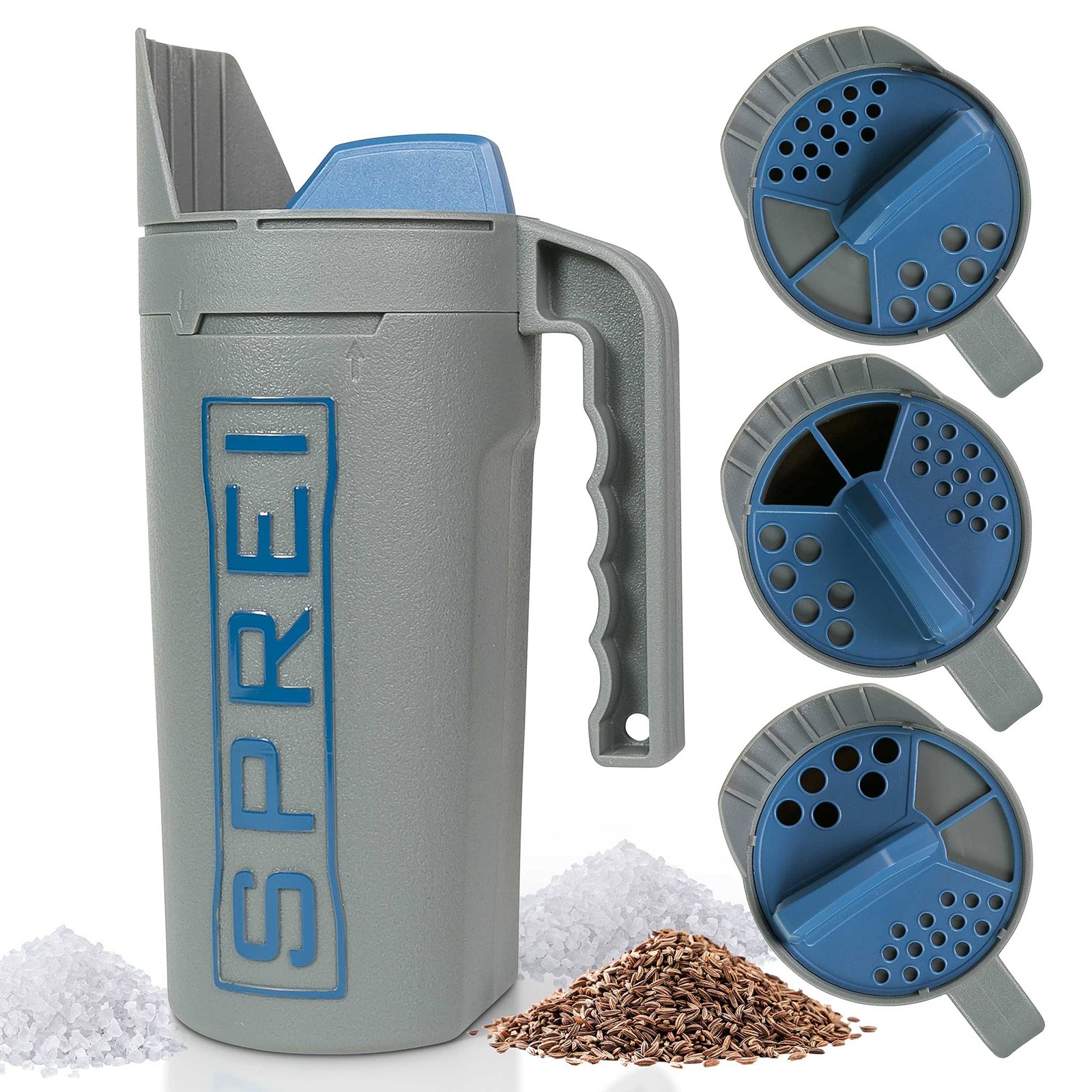 SPREI Spot Spreader 80 oz Handheld Shake Dispenser for Salt, Seed, Grey Blue