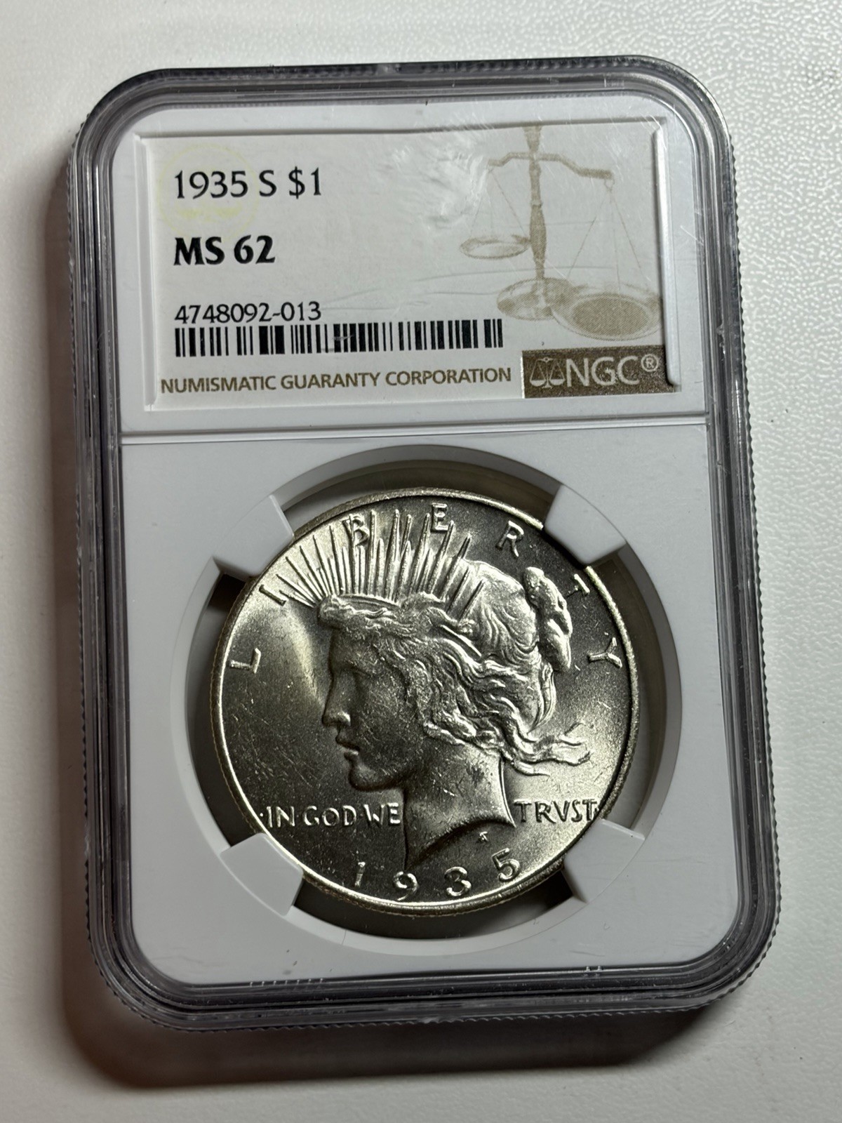 1935 S PEACE SILVER DOLLAR NGC MS62 BLAST WHITE TOUGH DATE