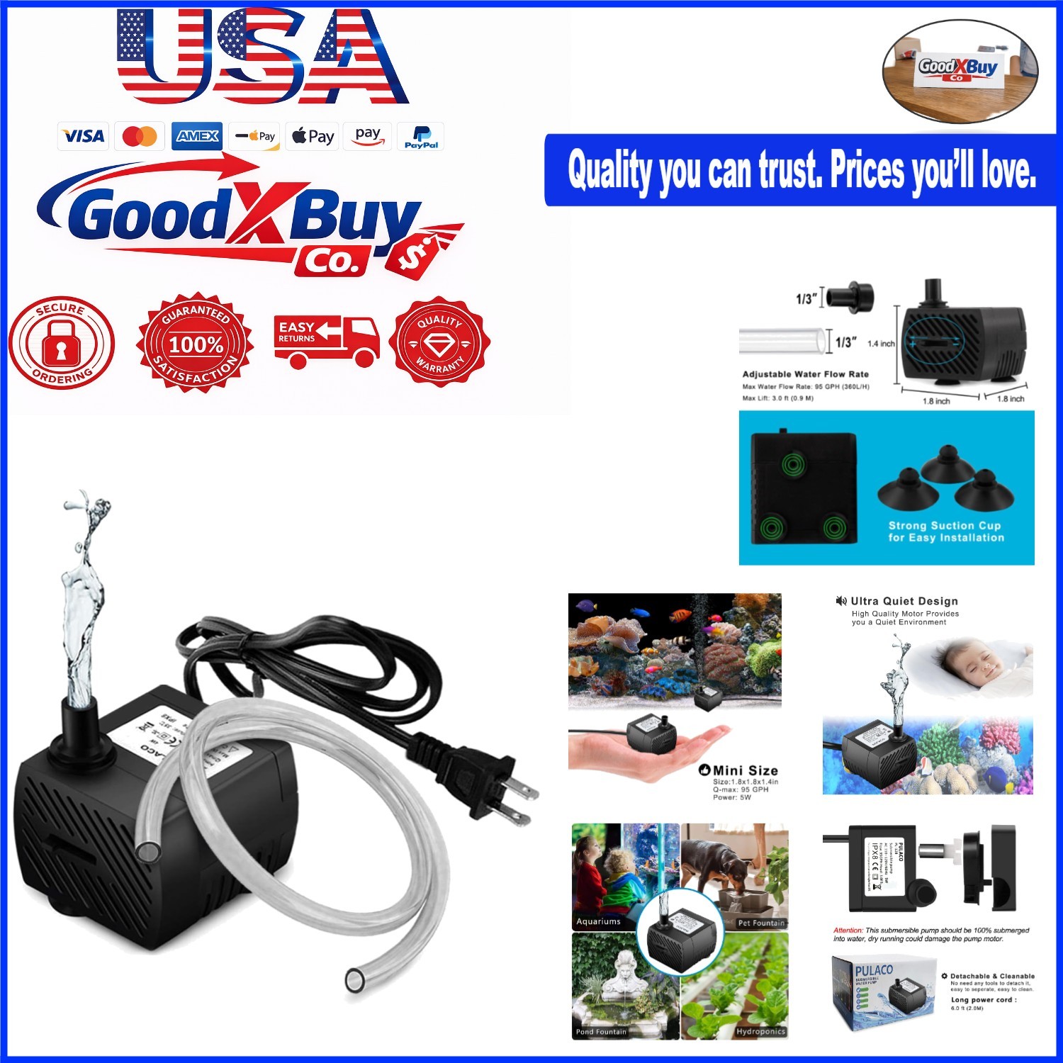 Mini Submersible Water Pump 95 GPH 5W for Aquarium Pond Fountain Hydroponics ...