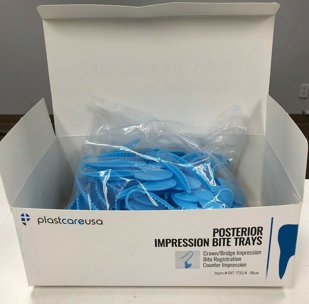 100 Dental Impression Bite Registration Triple Tray, Posterior, Blue