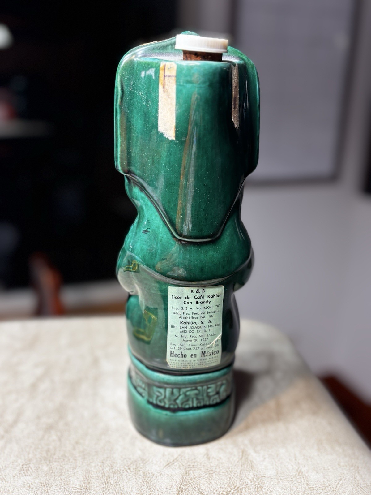Vintage Kahlua Mayan Aztec Figural Ceramic Decanter Green Mexico Empty 757cc