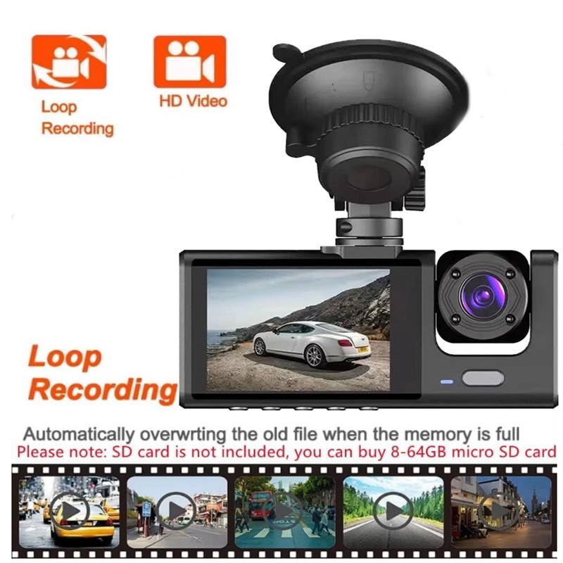 1080P Car 3 Lens Dash Cam 2in DVR Recorder Front Rear Inside Camera Night Vision