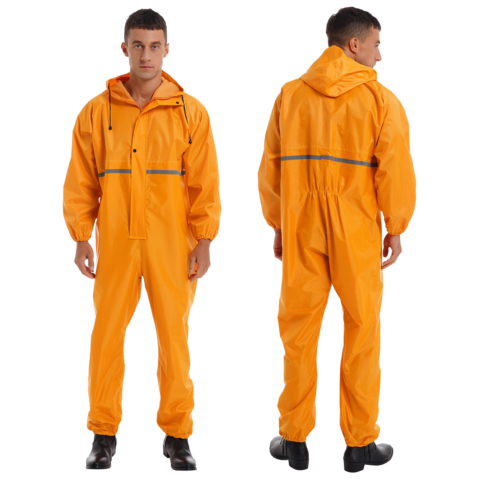 US Men Motorcycle Jumpsuit Waterproof Rainsuits One Piece Hooded Strip Coveralls