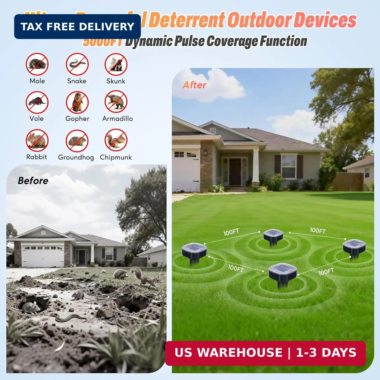 4 Pack Mole Repellent Solar Powered, Snake & Skunk & Vole & Gopher & Armadillo &
