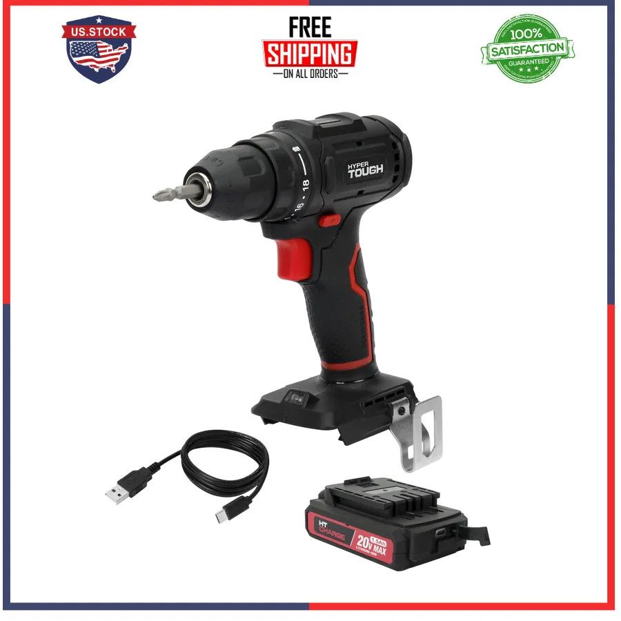 Hyper Tough 20V Brushless Cordless Drill with 1.5Ah Battery and USB-C Cable