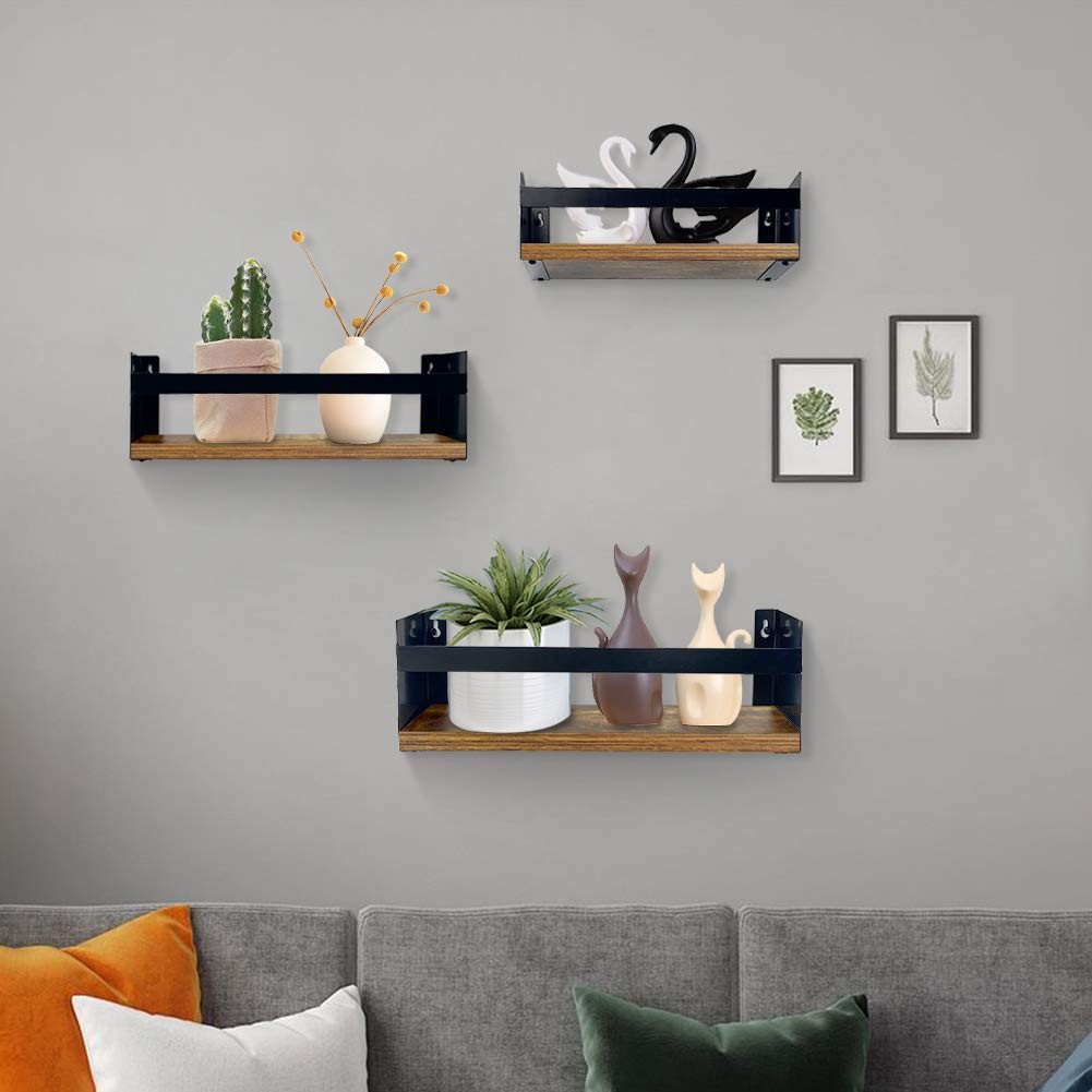 Black Floating Shelves for Wall Set of 3, Industrial Thick Wall Shelf Rack wi...