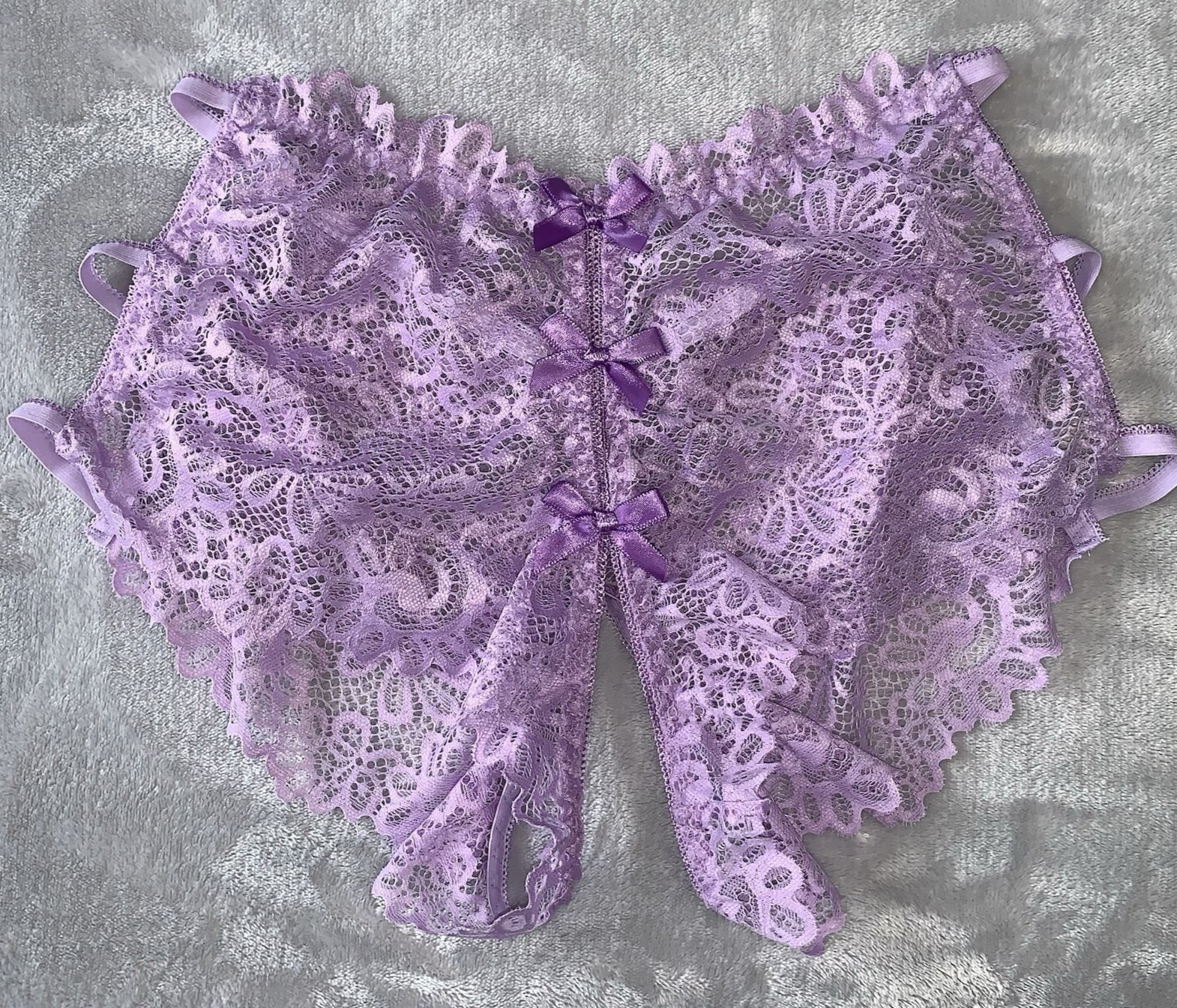 NEW SHEER  Panties Crotchless SOFT Stretch Lacy Panties XL 3 Satin Bows See Thru