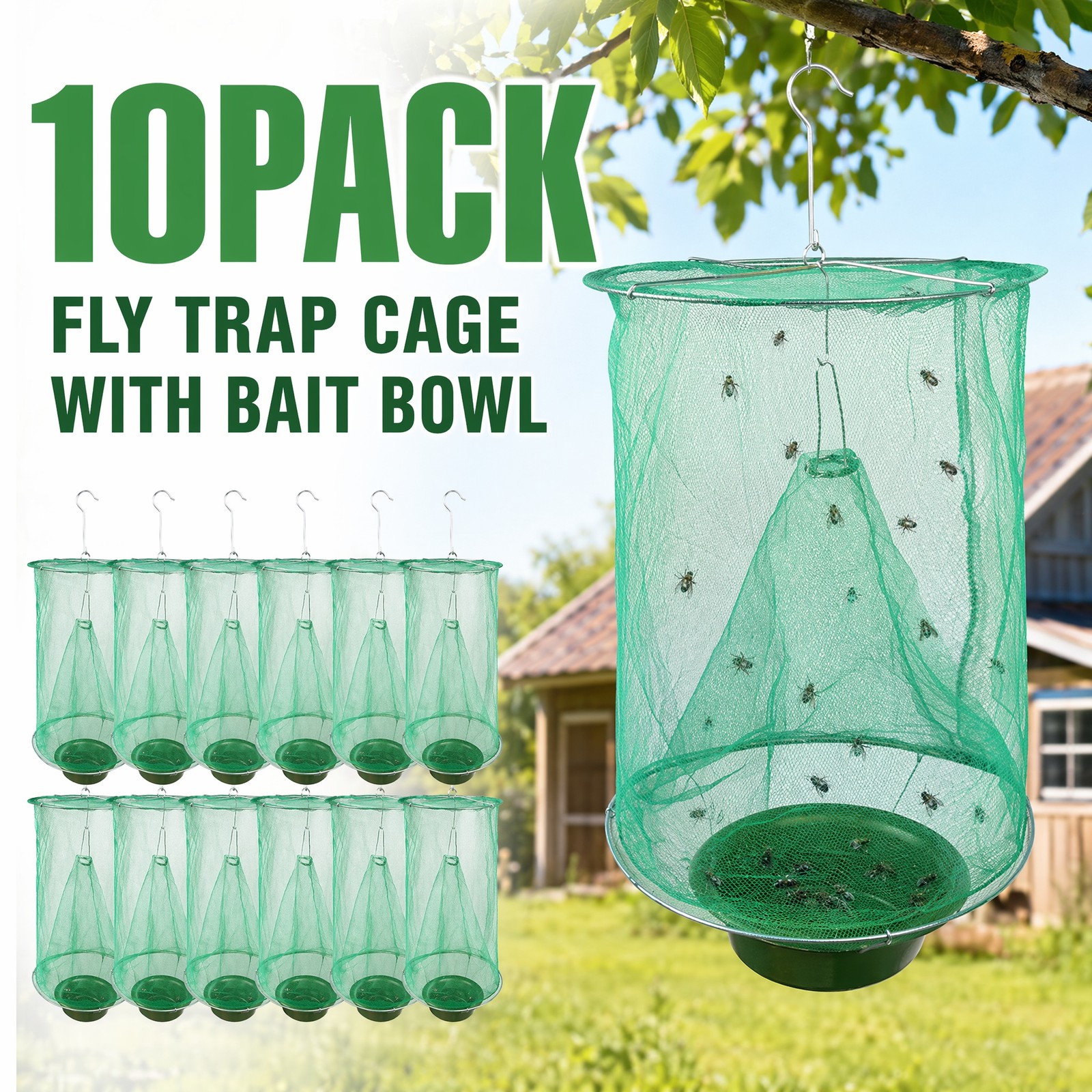 10Pcs Hanging Fly Trap Cage Green Reusable Fly Catcher for Outdoor Farm Garden