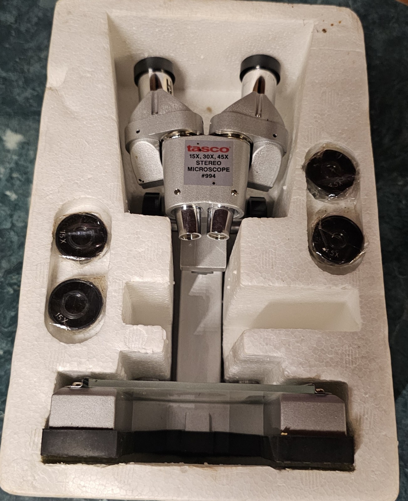 Vtg. Tasco Stereo Microscope 15x-30x-45x w/All Accessories + Instructions VG+