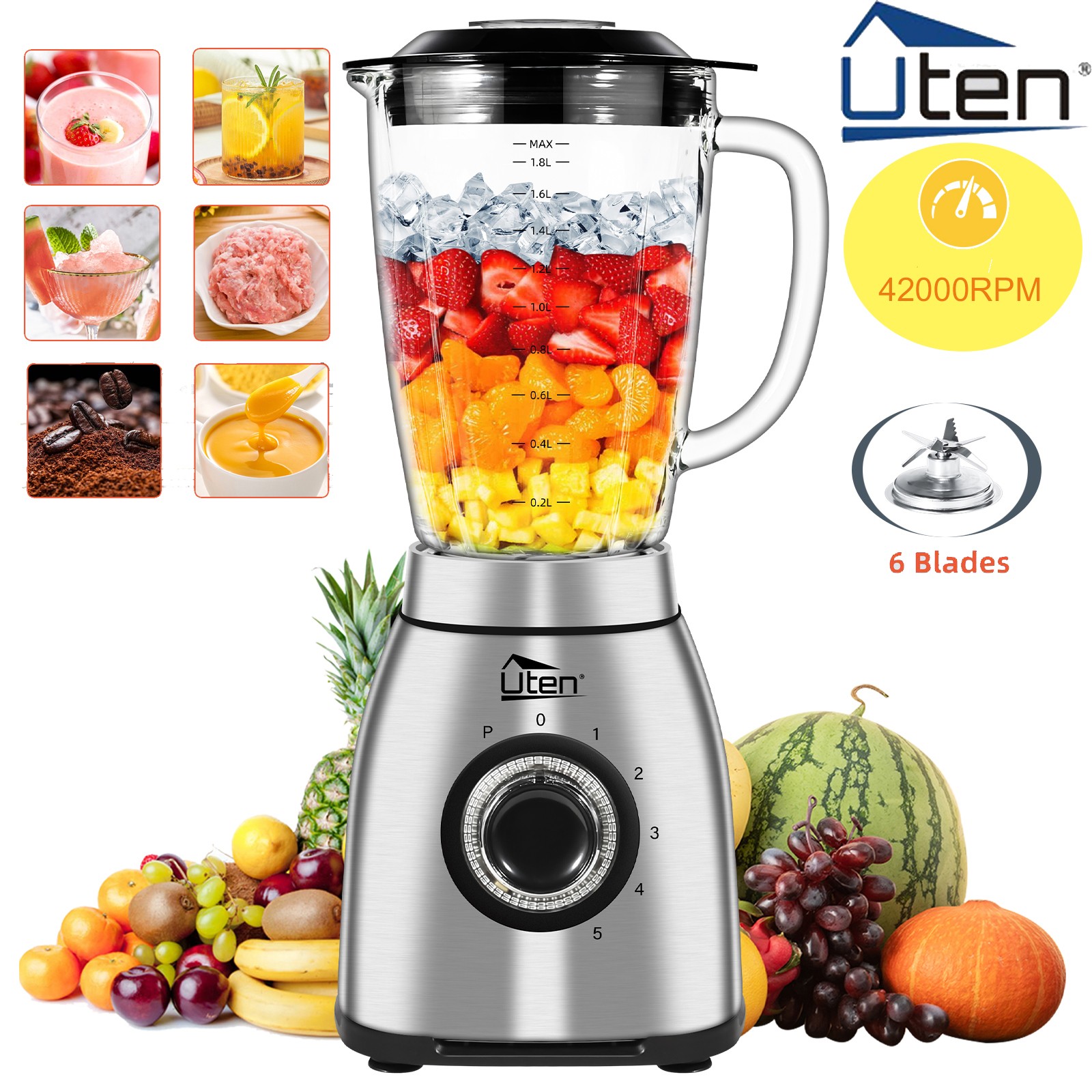 Uten 68oz 42000 RPM Glass Blender for Juices, Smoothies, Meat -Adjustable Speed