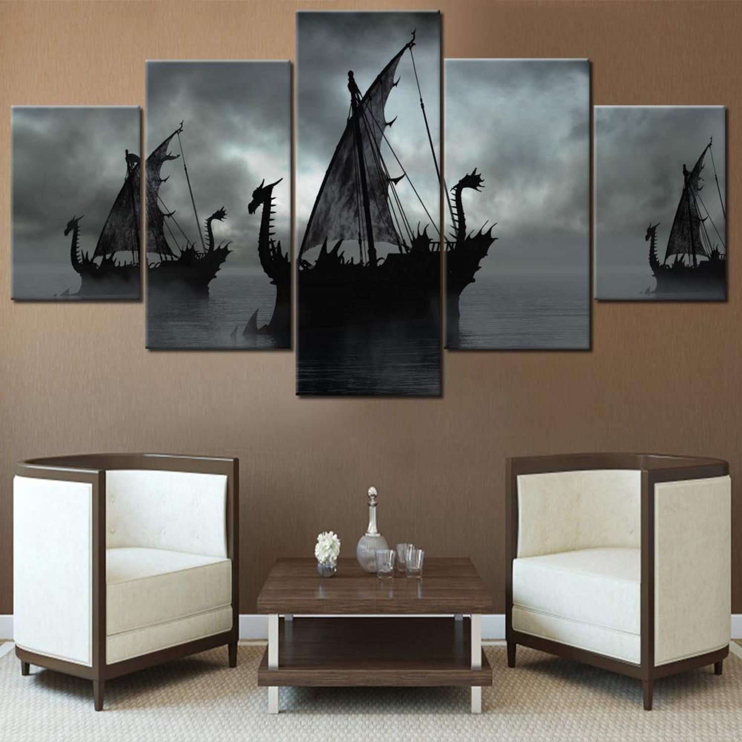 Norse Decor Black and White Painting Vikings Ship Artwork Fantasy Sailing Boa...