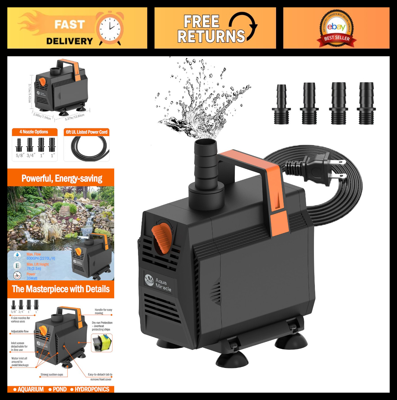 600GPH Submersible Water Pump with Flow Control for Fountain, Pond, Hydroponics