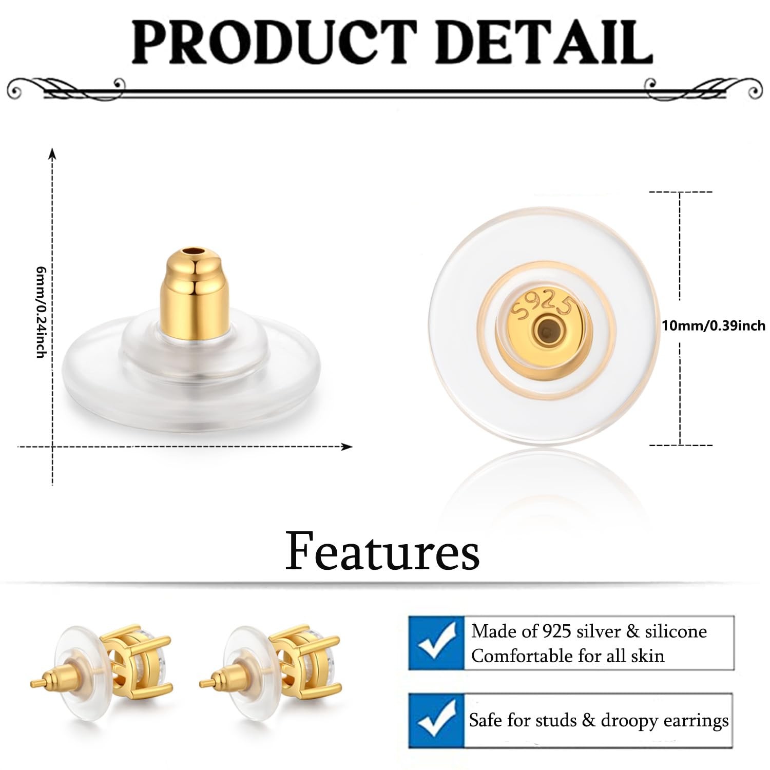 3 Pairs Locking Earring Backs for Studs Heavy Droopy Earrings - 925 Sterling ...