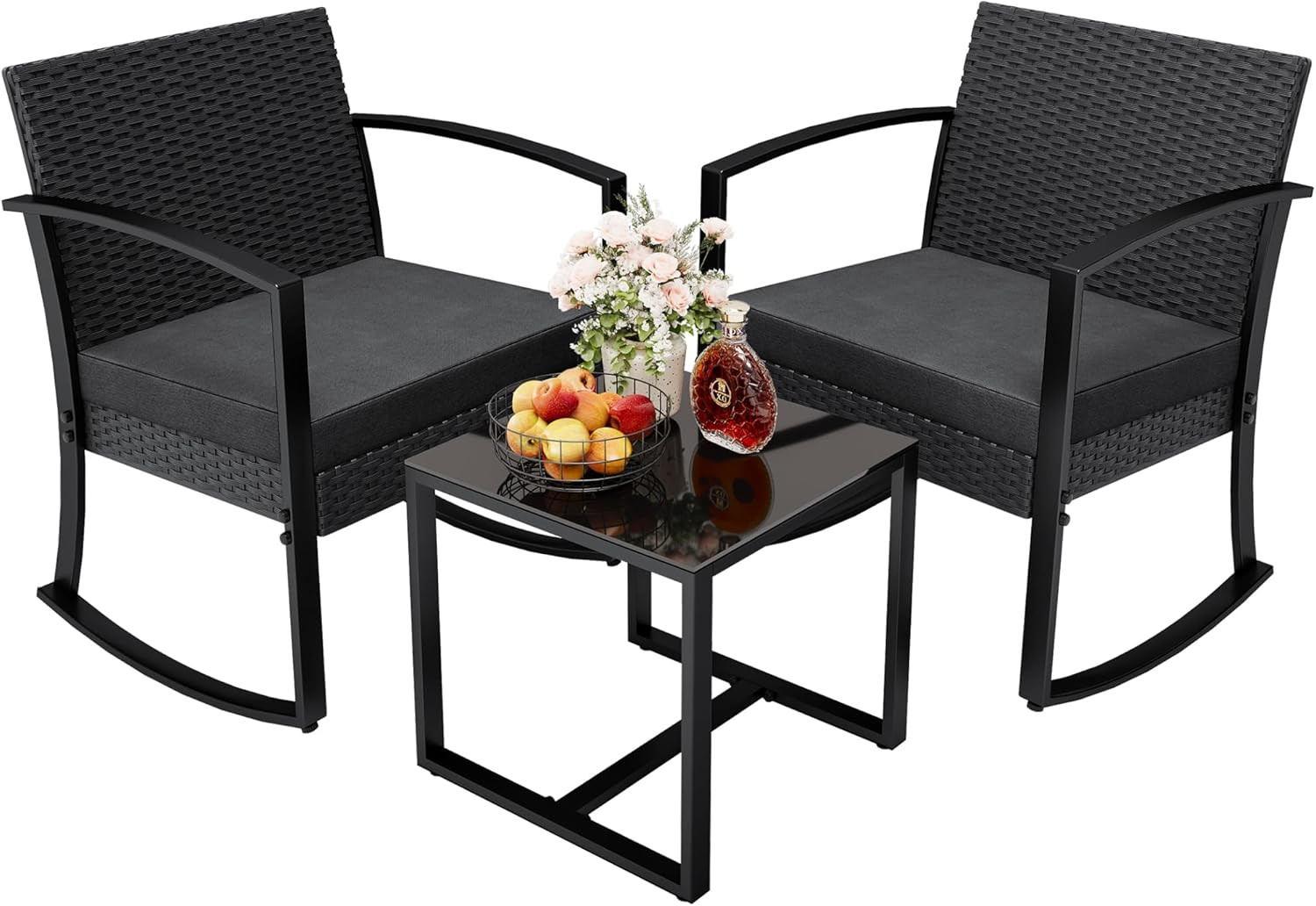 3 Pieces Outdoor Furniture Set Patio Bistro Rocking Chairs with Glass Coffee Tab