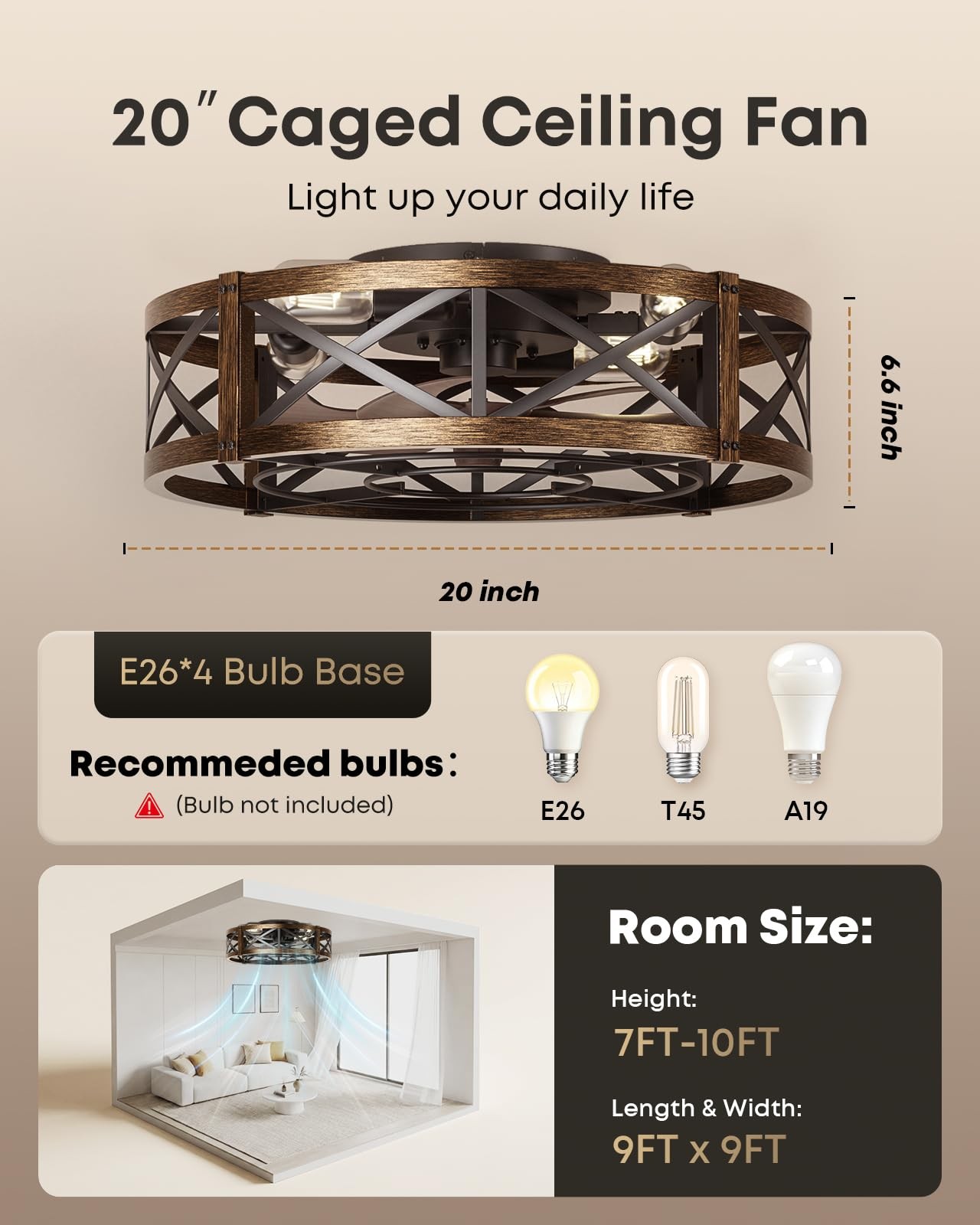 Caged Ceiling Fan with Light and Remote, 20" Low Profile Flush Mount Ceiling ...