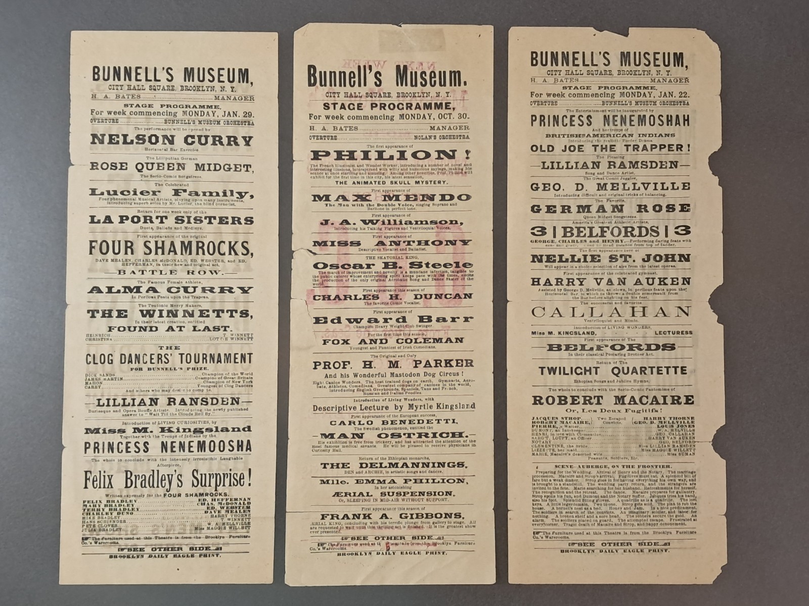 Bunnell's Museum Advertising Lot of 3 ( Mid 1800's ?)