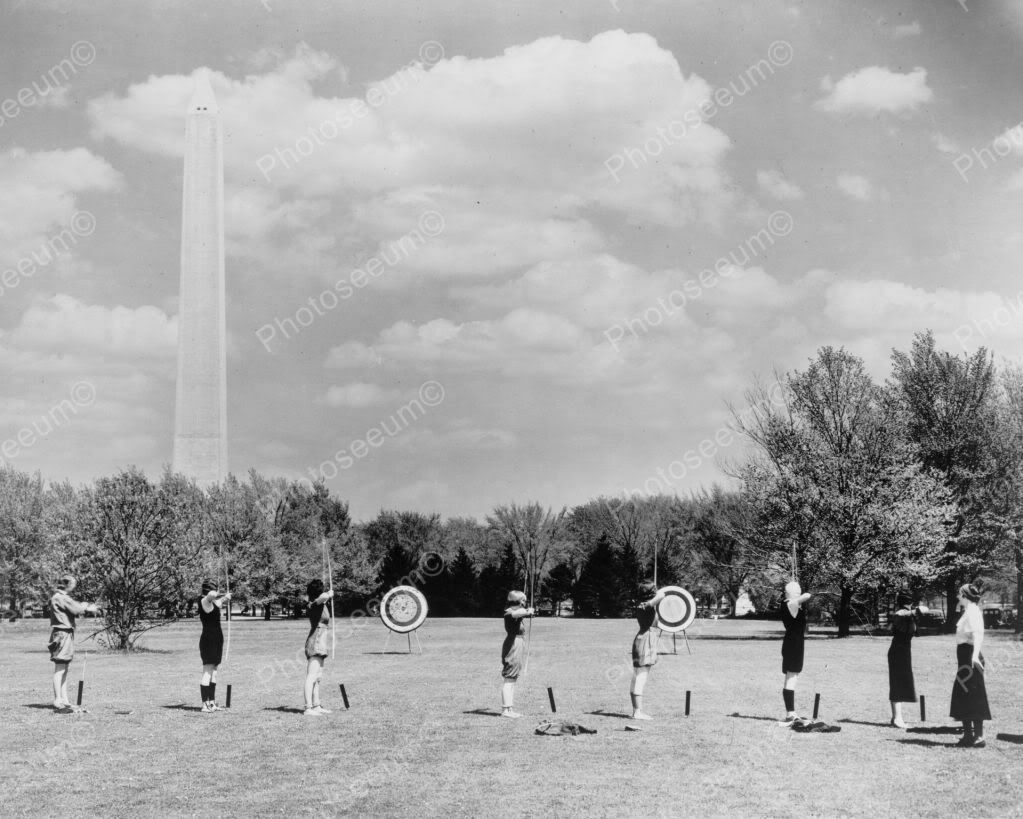 Archery Practice Young Women 1931 8" - 10" B&W Photo Reprint