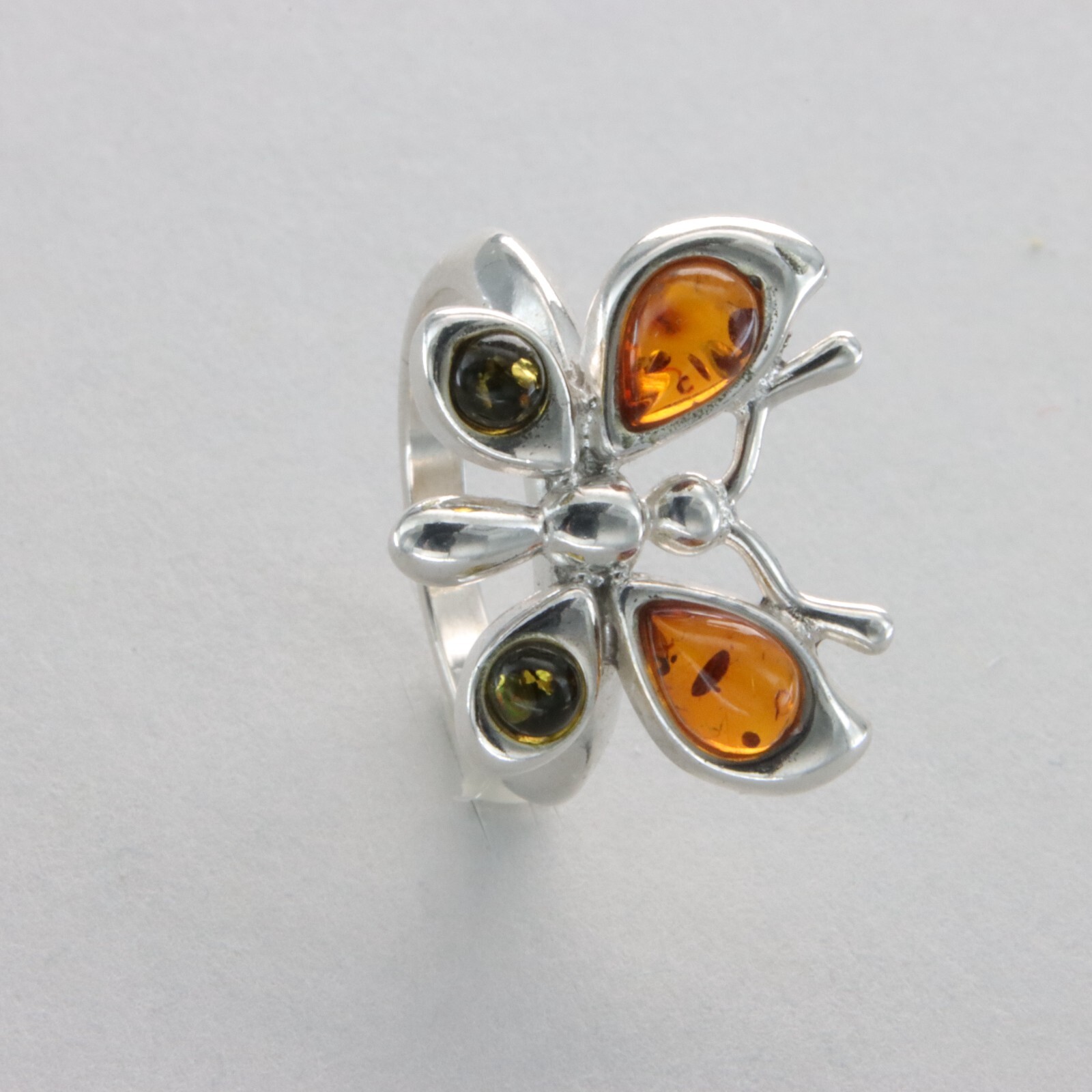 Multi-Color  BALTIC AMBER Butterfly Ring - 925 STERLING SILVER - Poland #29e