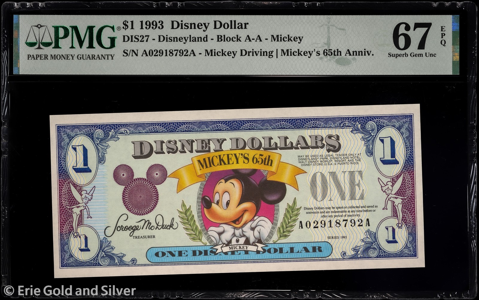 1993 $1 Disney Dollar - Mickey Driving / 65th Anniversary PMG 67 EPQ | DIS27