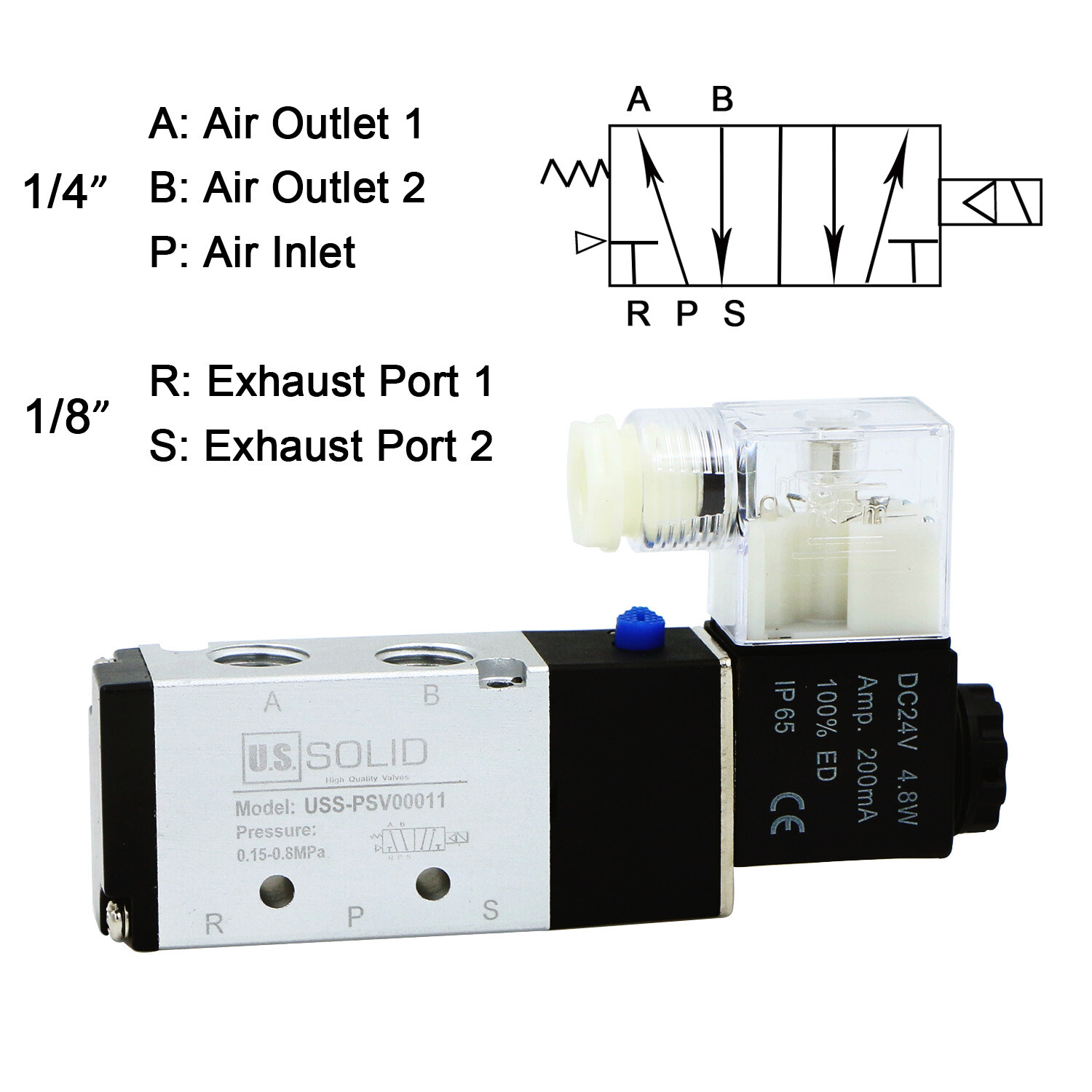 U.S. Solid 1/4" Pneumatic Electric Solenoid Valve 5 way 2 Position DC 24V, Air