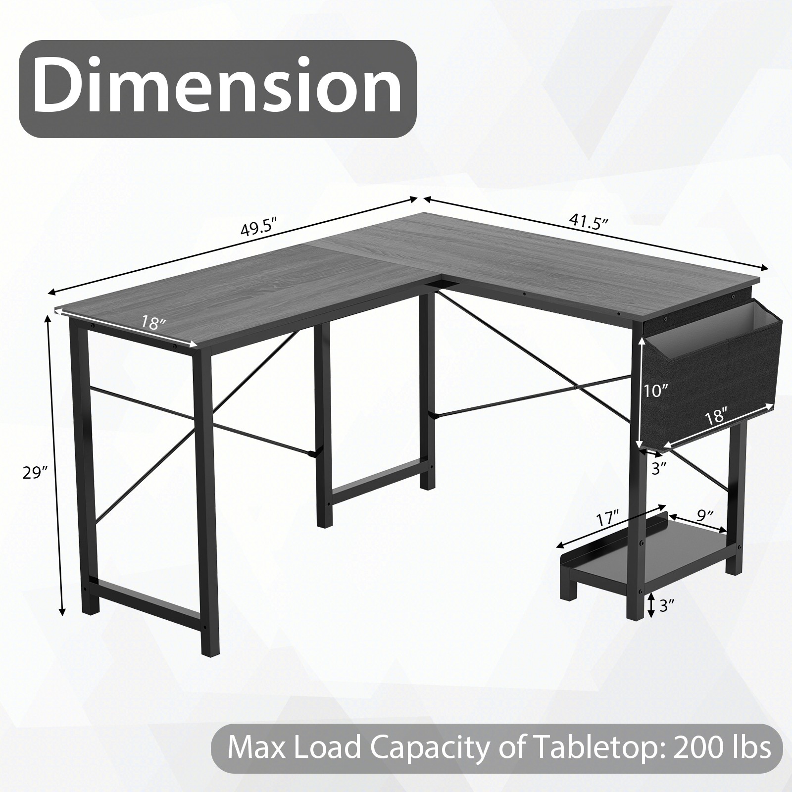 L-shaped Office Desk Corner Gaming Table w/ Storage Pocket & CPU Stand Dark Gray