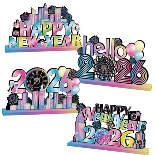 4pcs 2026 New Years Decorations Wood Table Decor Hello 2026 New Years