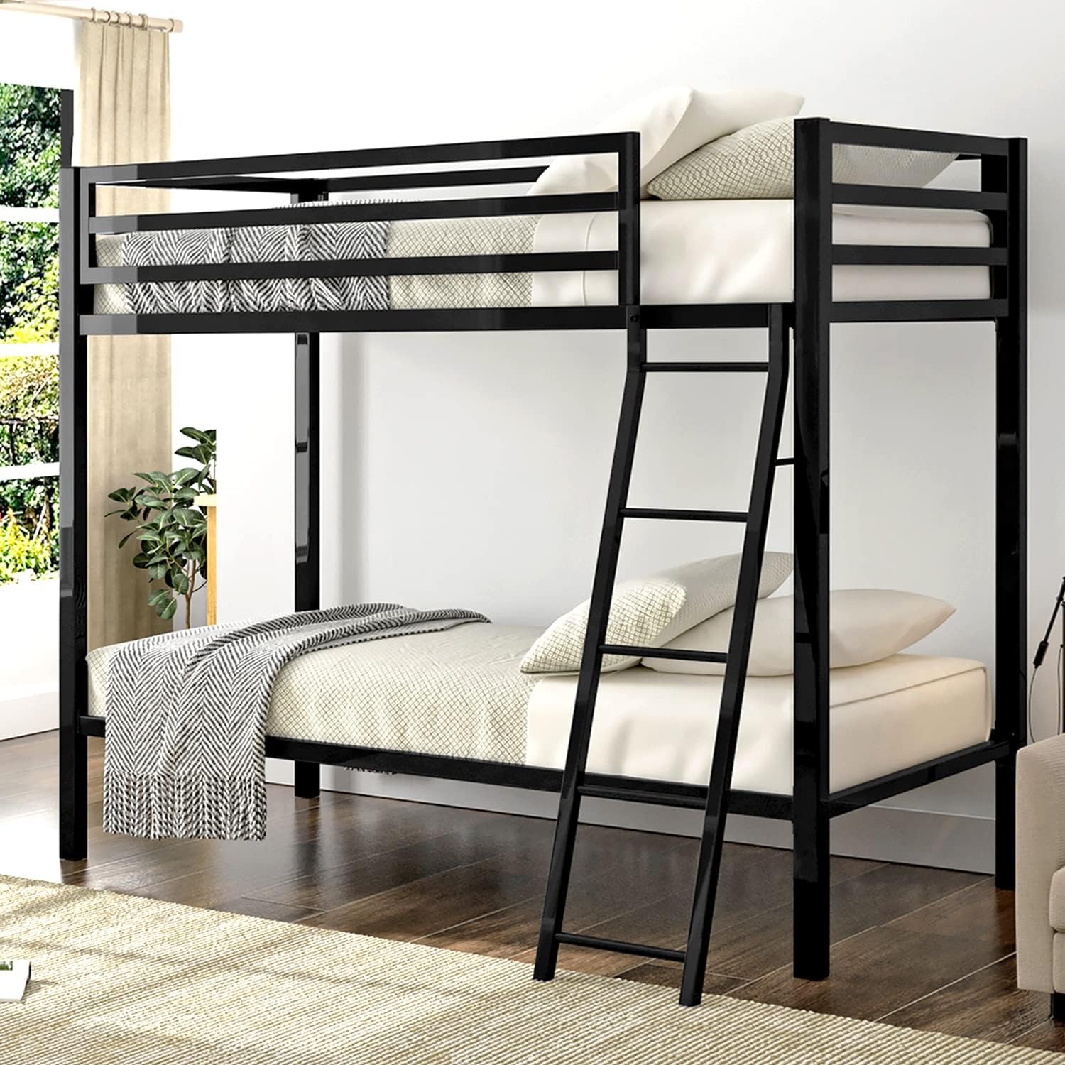 Black Metal Bunk Bed Twin Over Twin with Ladder