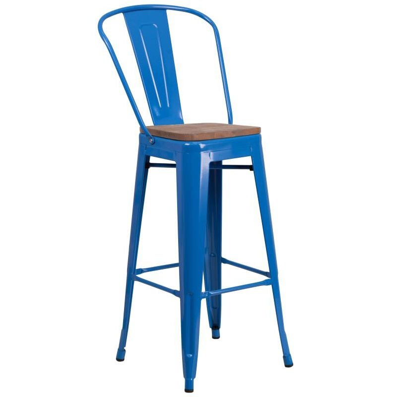Bistro Style Metal Stool in Blue with Wood Seat