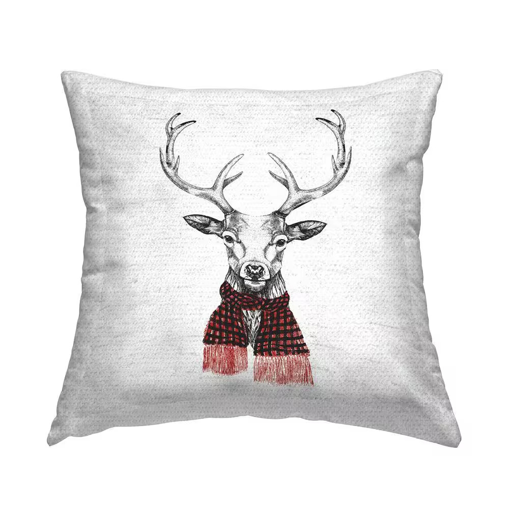 Winter Deer Red Plaid Scarf Grey Square Outdoor Throw Pillow