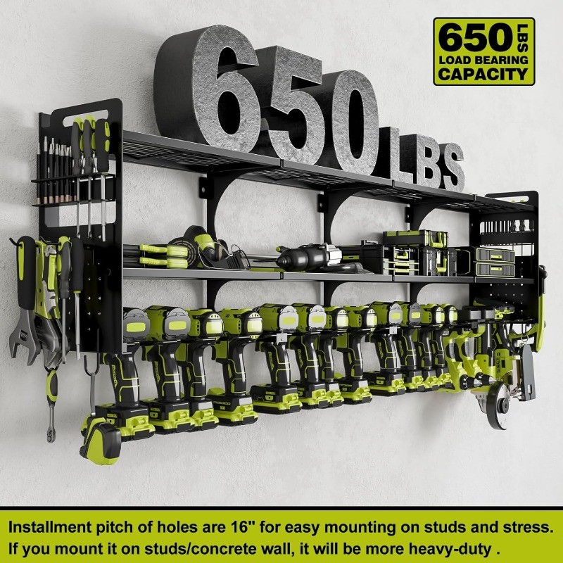 Tool Organizer Wall Mount, 16 Slots, 3-Tier Drill & Cordless Tool Storage Holder