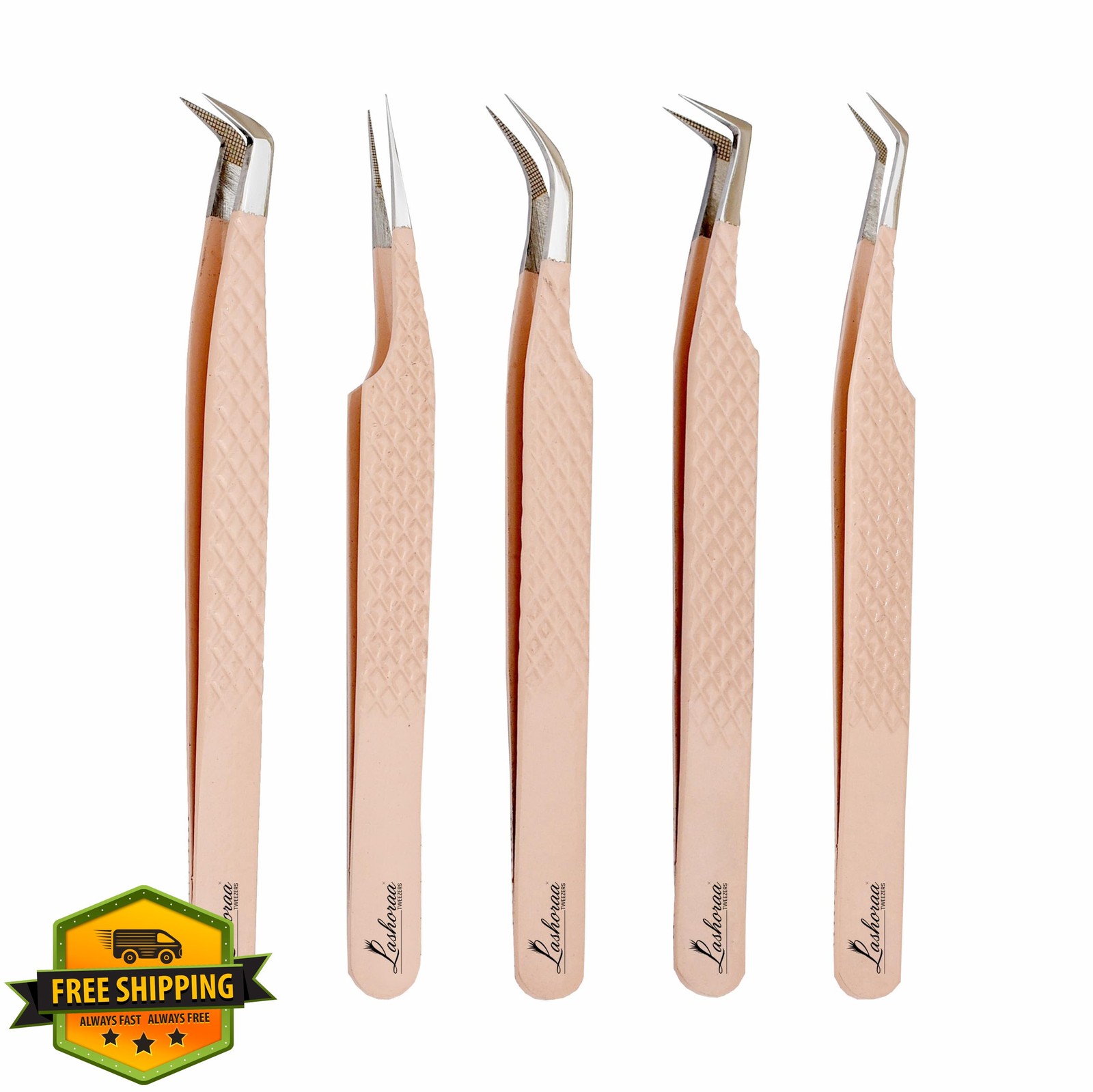 LASHORAA 5pc Lash Tweezers Fiber Tip Diamond Grip Peach