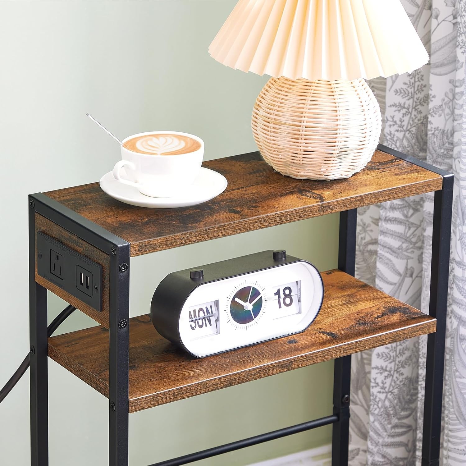 HOOBRO Small Narrow Side Table with Charging Station, Rustic Brown + Black