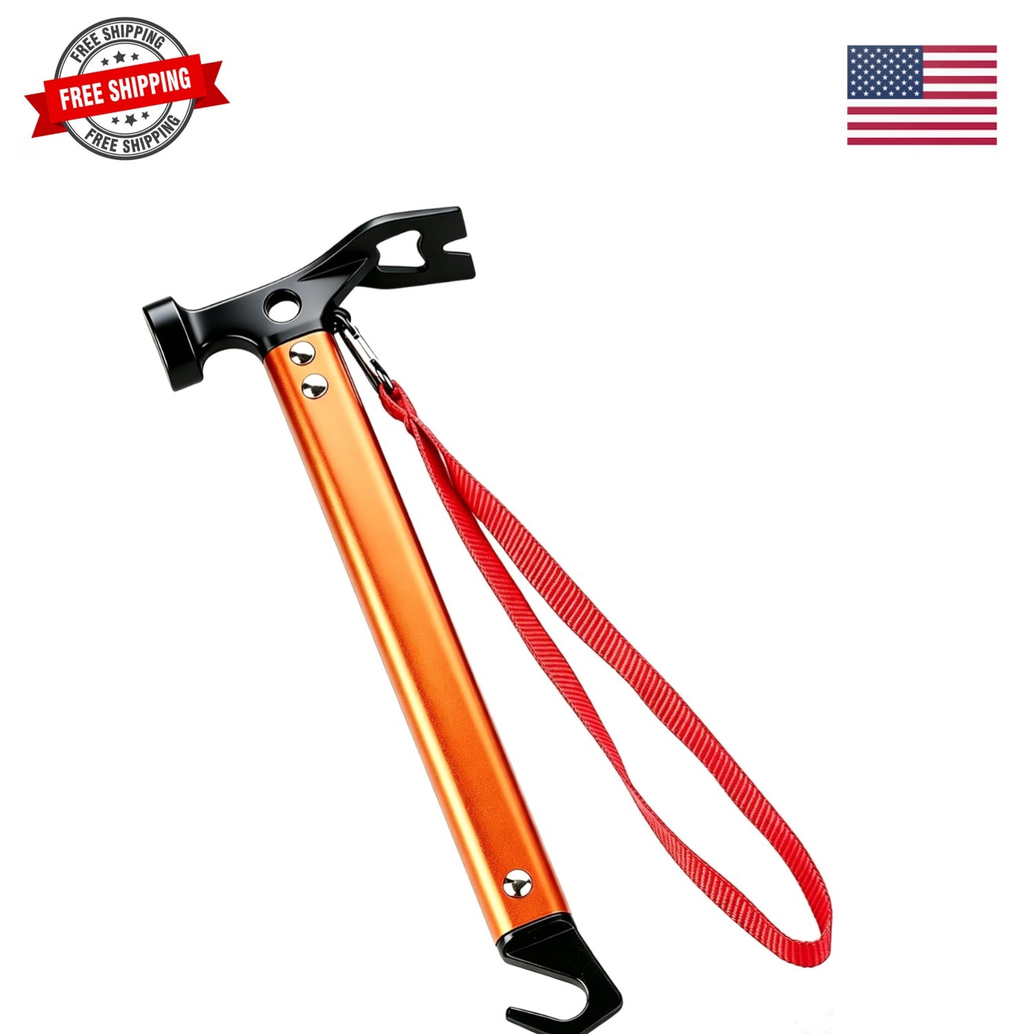 Bright Orange 12" Camping Hammer - Lightweight, 3-in-1 Functionality for Hikers